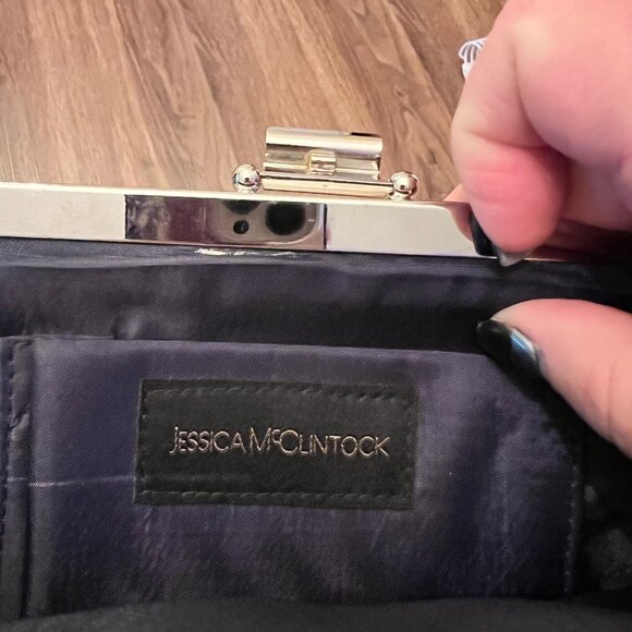 Jessica McClintock Y2K Black Clutch Shoulder Bag Evening Silver Drop Chain Strap - Picture 6 of 10